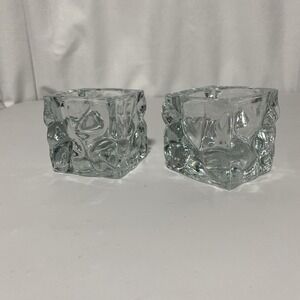 KIG Indonesia Heavy Ice Cube Square Crystal Votive Candle Holders Set of 2 Clear